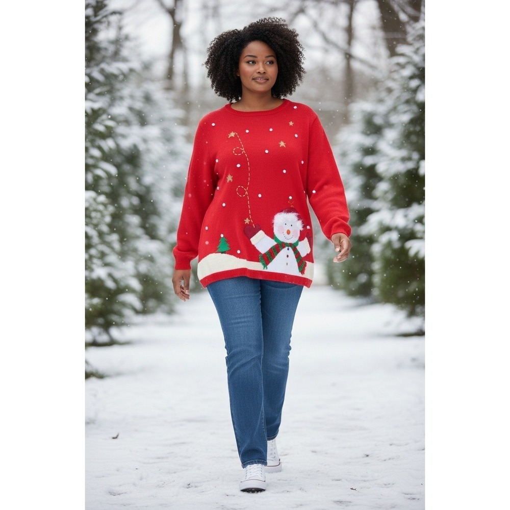 Quacker Factory Women's 2X Red Snowman Christmas Holiday‎ Sweater Ramie Blend
